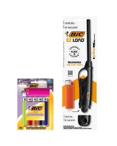 BIC EZ LOAD Lighters, Refillable and Long Lasting, Pack with 1 BIC EZ LOAD Long Lighter Shell and 7 BIC Maxi Pocket Lighters (Colors May Vary)