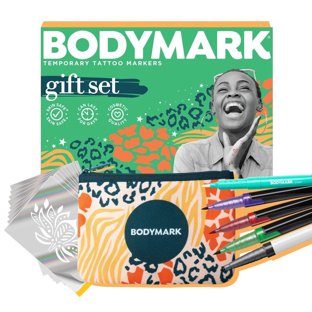  BodyMark Gift Set Temporary Tattoo Marker for Skin, Premium  Brush Tip, 4 Count Pack of Assorted Colors and Stencils, Skin-Safe  Temporary Tattoo Markers Set : Beauty & Personal Care