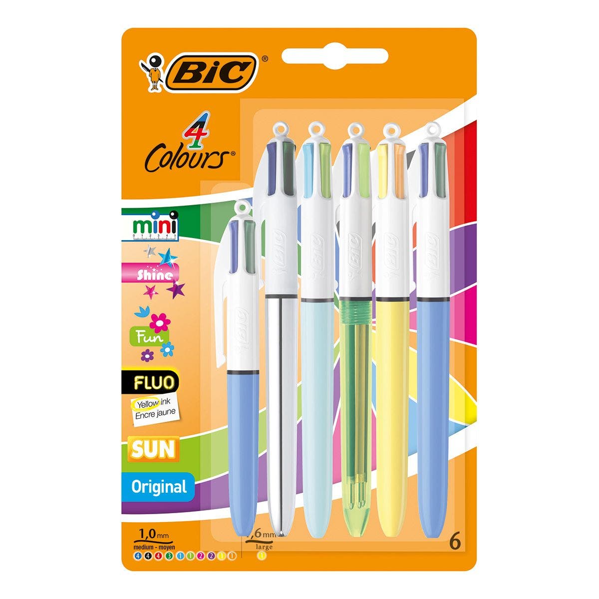 BIC Pack de stylos-bille 4 Couleurs Sun, Fun, Shine, Fluo, Mini et Original  - Couleurs Assorties, Pack de 6 BIC