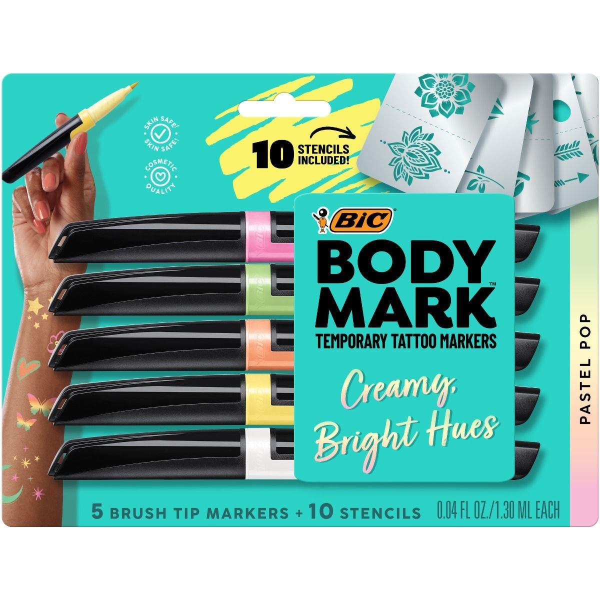 BODYMARK Temporary Tattoo Markers for Skin, Pride Pack, Flexible Brush Tip,  11-Count Pack of Assorted Colors Plus Stencils 