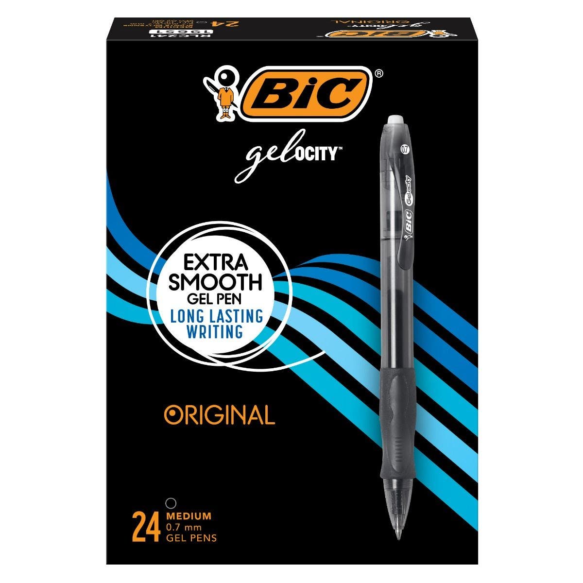 BIC Gel-ocity Original Retractable Gel Pen, 0.7 mm Point, Black, 24-Count