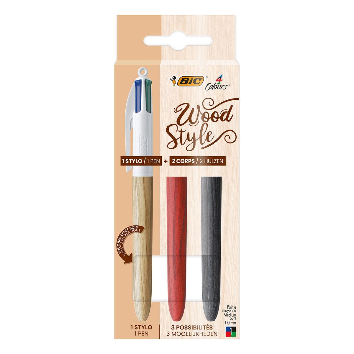 BIC 4 Couleurs Wood Style Coffret de 1 + 2 corps effet bois BIC