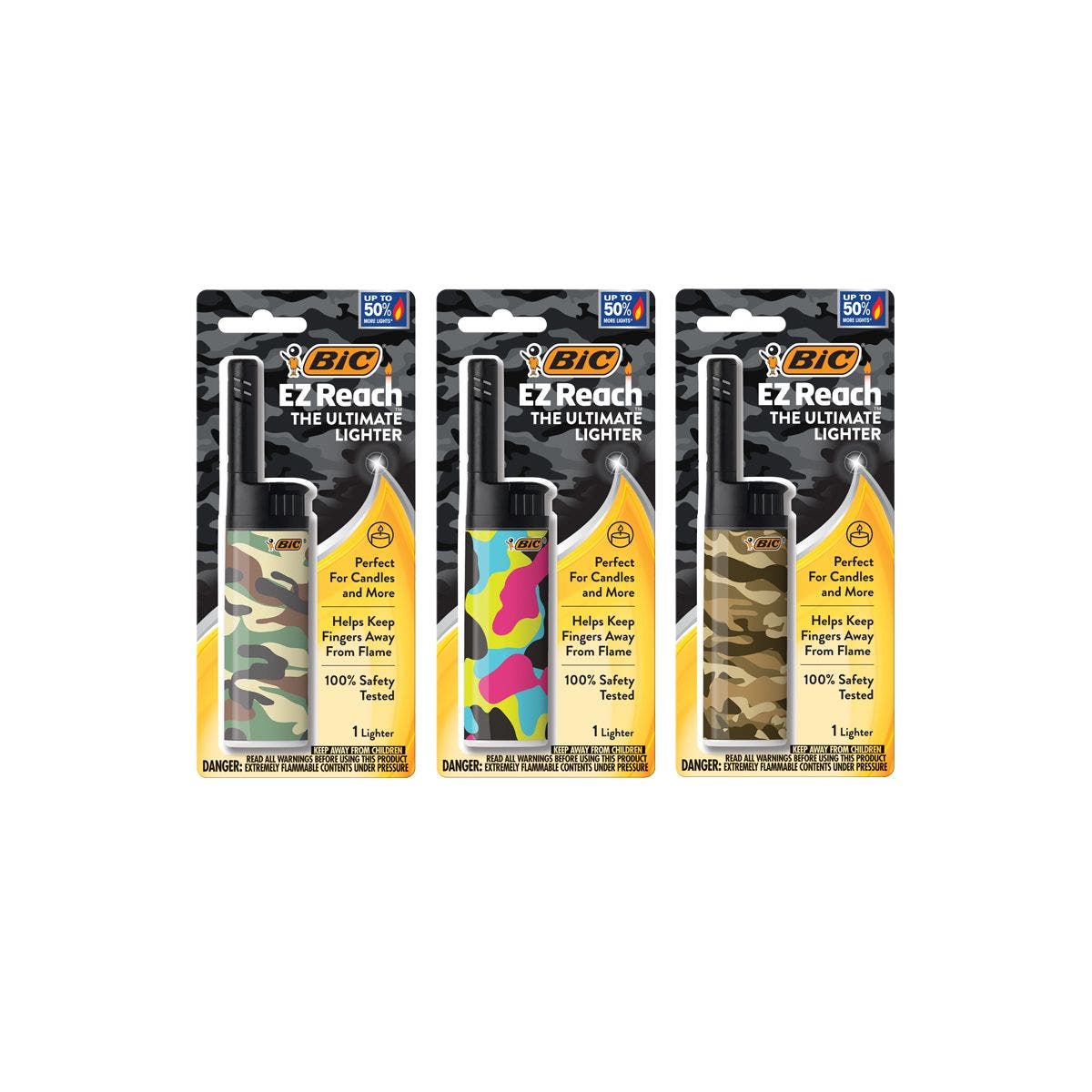 BIC EZ Reach Camouflage Series Lighters, Assorted, 3-Pack