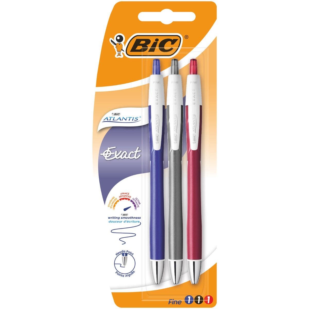 Bic Atlantis Exact Stifte – 3 Stück, Mehrfarbig, Für Präzises Schreiben