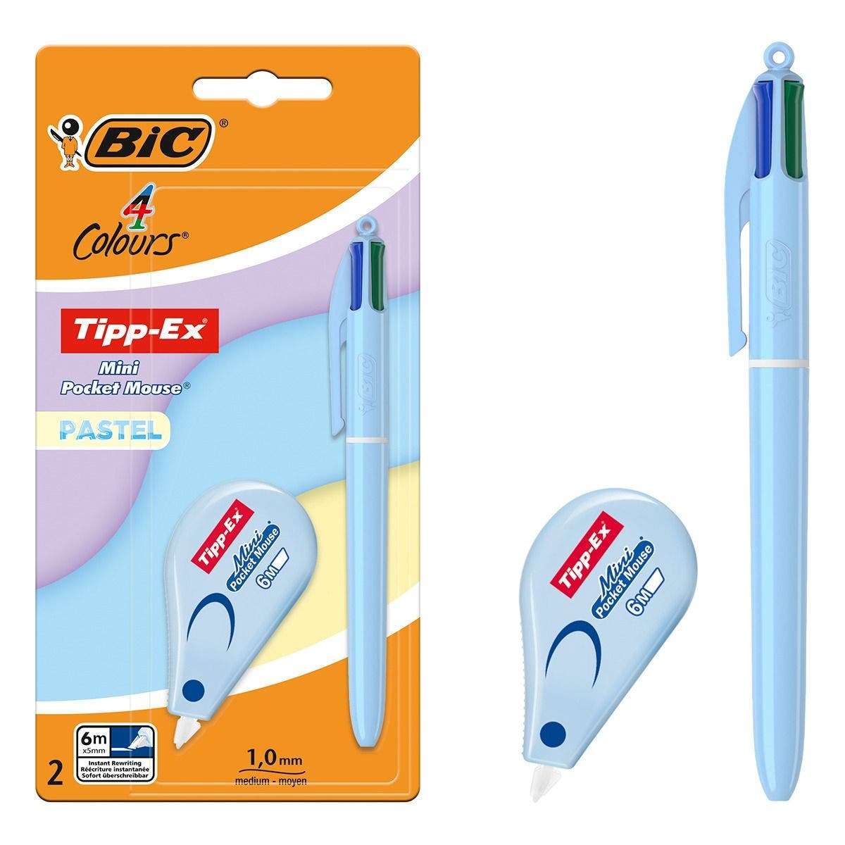 Lot De 3 Stylos BIC 4 Couleurs Grip + 3 Mini Correcteurs Tipp-Ex Pocket - Bleu/Rouge/Vert/Noir - Idéal École & Bureau