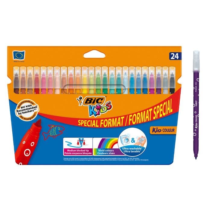 BIC Kids Kid Couleur Rotuladores de Colores de Punta Media con Tinta Lavable  - Varios Colores, Caja de Cartón de 24