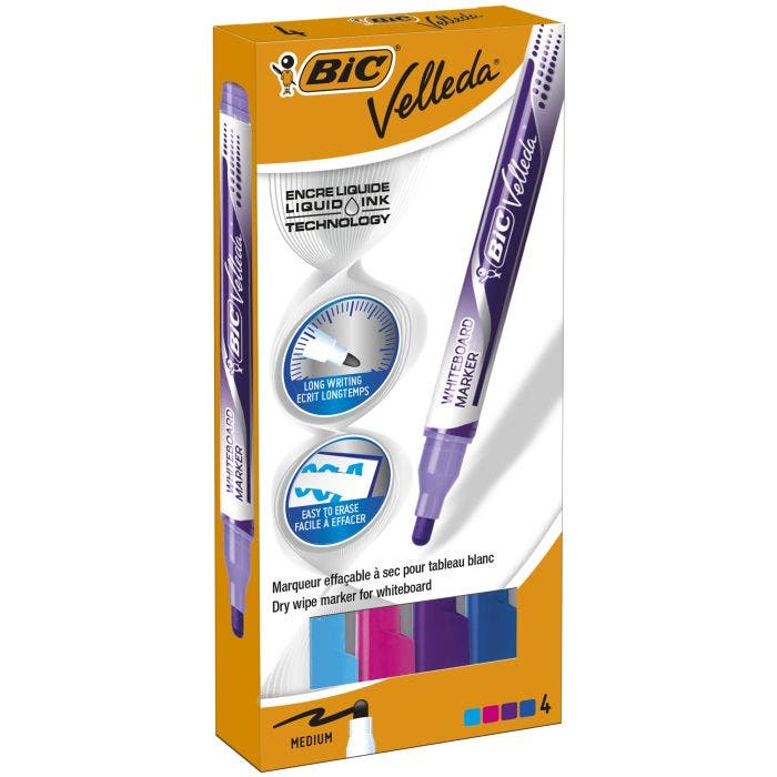 BIC Velleda Pocket Whiteboard Pens Large Bullet Nib -Assorted Colours, Pack  of 4 BIC
