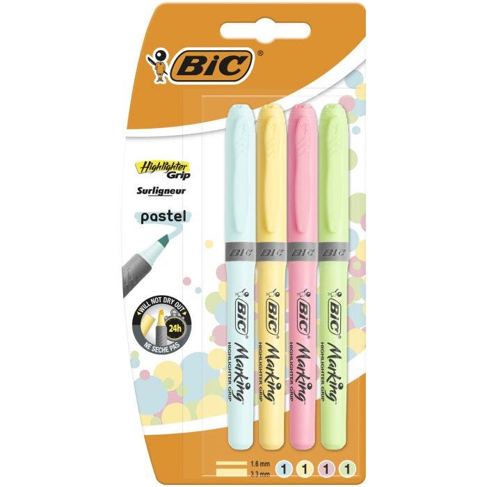 BIC Highlighter Grip Pastel Pens Adjustable Chisel Tip - Assorted Colors, 6  Pack