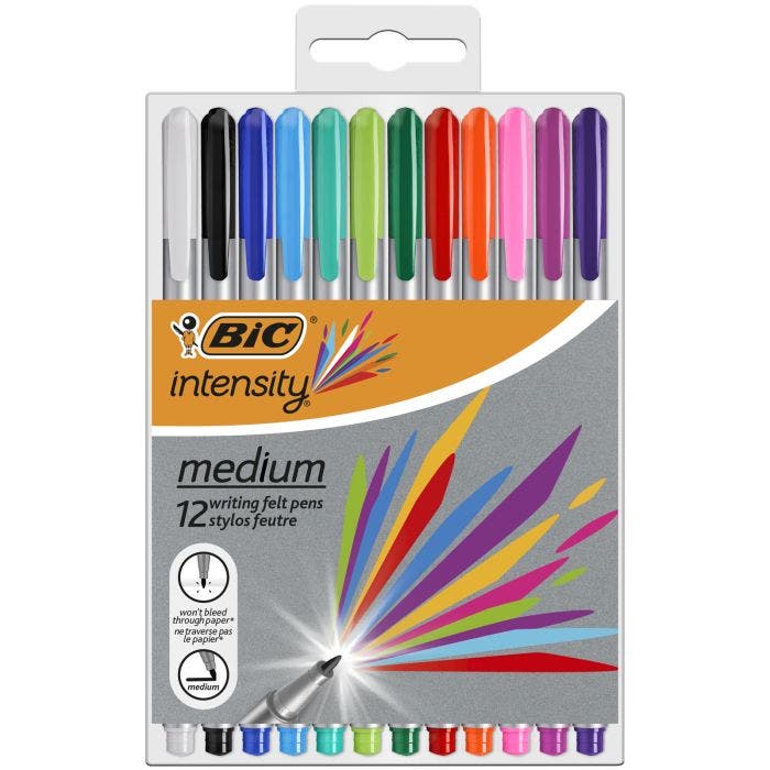 BIC Intensity Medium Felt Tip Pens Medium Point (0.8 mm) - Assorted  Colours, Pack of 12