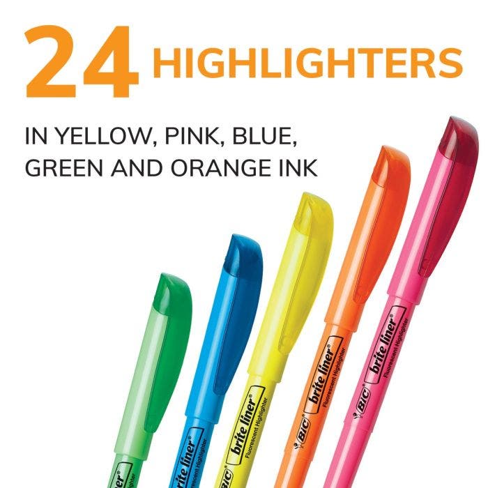 BIC Brite Liner Highlighters, Chisel Tip, 24-Count Pack of Assorted Colors
