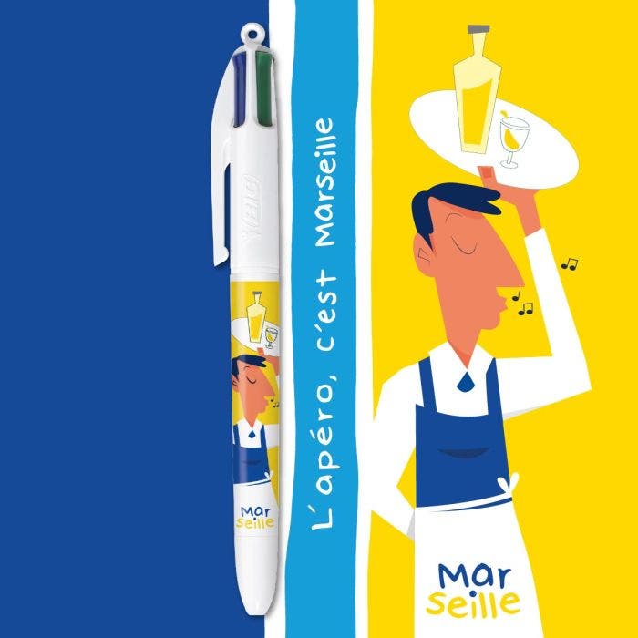Stylo 4 Couleurs Olympique De Marseille OM - Collection Officielle - Encre Bleu, Rouge, Vert, Noir - Cadeau Fan OM