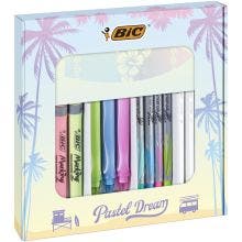 BIC Pastel Dream Kit - 3 Stylos Gel/4 Feutres d'Écriture/4 Surligneurs Pastel/4 Stylos-Bille/1 Bloc-Notes - Coffret Cadeau de 16