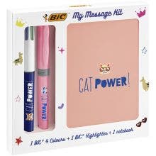 BIC My Message Kit Catpower - Kit de Papeterie avec 1 Stylo-Bille BIC 4 Couleurs/1 Surligneur BIC Highlighter Grip Pastel Rose/1 Carnet de Notes A6 Blanc