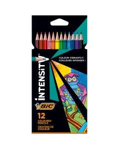 BIC Intensity Crayon de Couleur Triangulaire Mine Douce Corps Coloré Sans Bois - Couleurs assorties, Pochette de 12