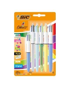 BIC Pack de stylos-bille 4 Couleurs Sun, Fun, Shine, Fluo, Mini et Original - Couleurs Assorties, Pack de 6