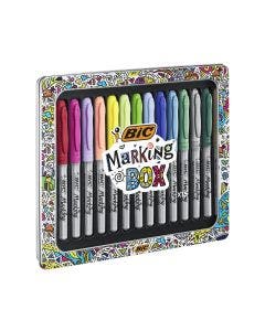 BIC Marking Box Permanent Markers Medium Bullet Nib - Assorted Colours, Metal Gift Box of 15