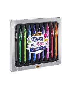 BIC Gel-ocity Quick Dry My Box of Colours Stylos Gel Pointe Moyenne (0,7 mm) - Couleurs Assorties, Boîte Cadeau Métal de 10