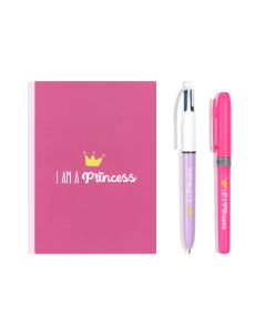 BIC My Message Kit I Am a Princess - Stationery Set with 1 BIC 4 Colours Ballpoint Pen, 1 BIC Highlighter Grip Pen - Pink, 1 Notebook A6 Size - White, Pack of 3