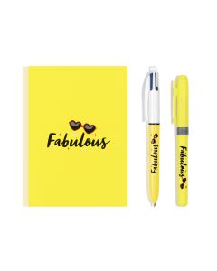 BIC My Message Kit Fabulous - Stationery Set with 1 BIC 4 Colours Ballpoint Pen, 1 BIC Highlighter Grip Pen - Yellow, 1 Blank Notebook A6 Size, Pack of 3