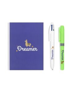 BIC My Message Kit Dreamer - Stationery Set with 1 BIC 4 Colours Ballpoint Pen, 1 BIC Highlighter Grip Pen - Green, 1 Blank Notebook A6 Size, Pack of 3