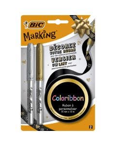 Kit BIC Marking Coloribbon - 2 Marqueurs Permanents à Pointe Moyenne - Couleurs doré et argenté et un rouleau de ruban à personnaliser