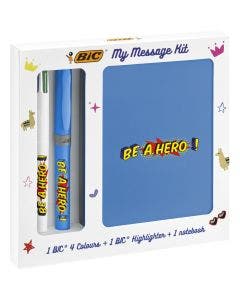 BIC My Message Kit Be a Hero - Kit de Papeterie avec 1 Stylo-Bille BIC 4 Couleurs/1 Surligneur BIC Highlighter Grip Bleu/1 Carnet de Notes A6 Blanc