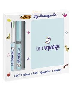 BIC My Message Kit Unicorn - Kit de Papeterie avec 1 Stylo-Bille BIC 4 Couleurs/1 Surligneur BIC Highlighter Grip Pastel Bleu/1 Carnet de Notes A6 Blanc