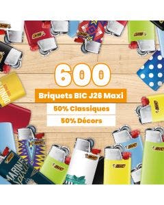 600 briquets BIC® J26 Maxi - couleurs assorties et décors