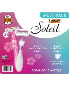 BIC: Soleil (Multi-Pack) 
Total of 10 Razors 
- 3 Soleil simply smooth razors 
- 7 Soleil sensitive razors 
- Comfort shield: helps protect skin from nicks and cuts