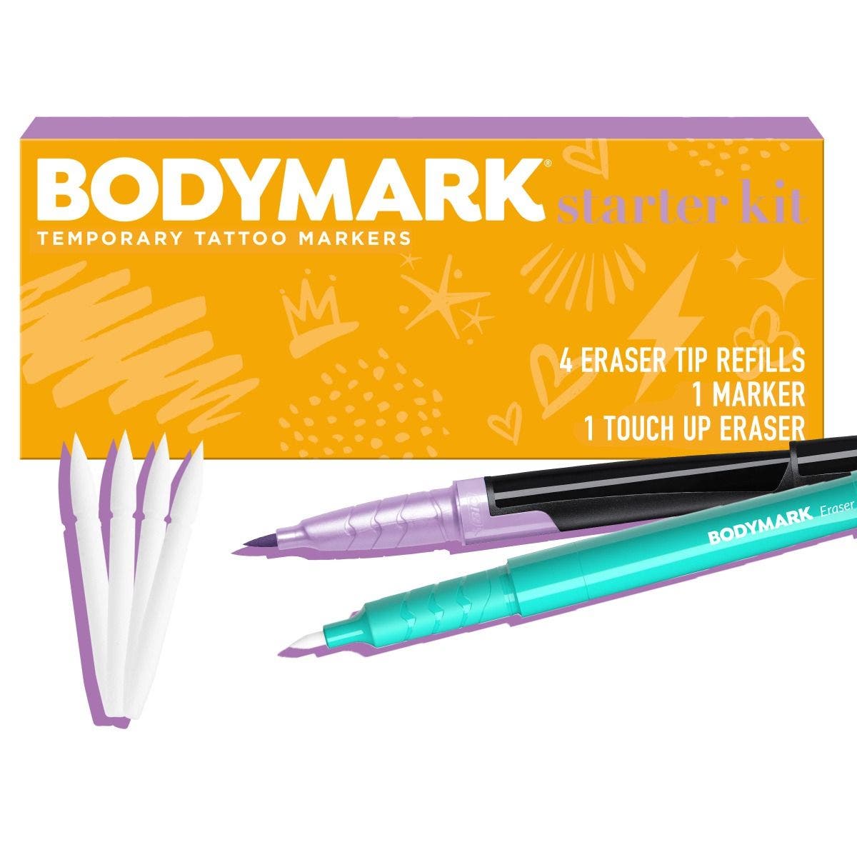 BODYMARK Groovy Pack, Temporary Tattoo Marker for Skin, Premium Brush Tip,  Skin-Safe Temporary Tattoo Markers Set 3-Count Marker Set, 6 Stencil  Designs