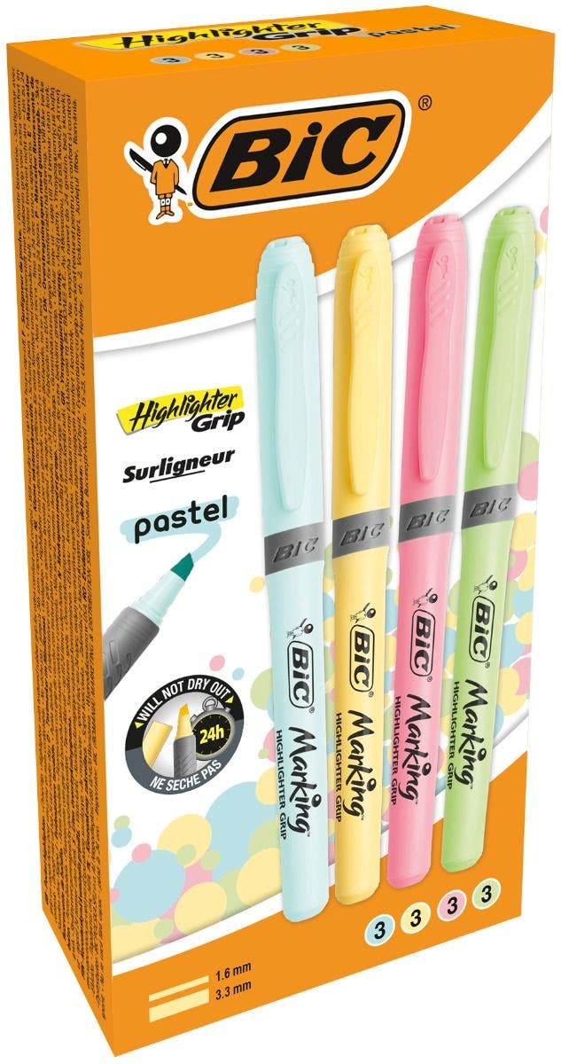 BIC Highlighter Grip Pastel Marcadores de Punta Biselada Regulable -  Colores surtidos, Pack de 6 subrayadores pastel, Óptimo para Material  Escolar y