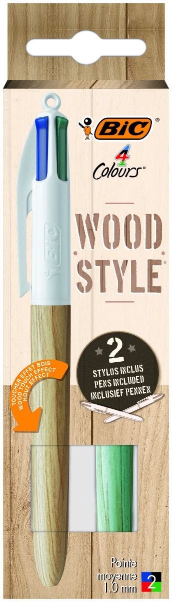 Stylo bille Bic - 4 Couleurs Wood Style - Rouge, Bleu, Vert, Noir - Pointe  moyenne - Stylos Bille - Stylos