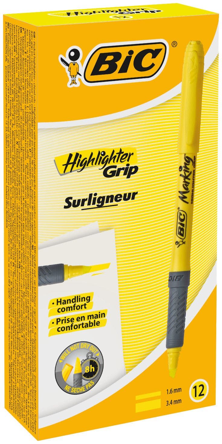 BIC Highlighter Grip Marcadores Punta Biselada Ajustable - Amarillo, Caja  de 12 Unidades, Subrayador fluorescente con tecnologa antisecado