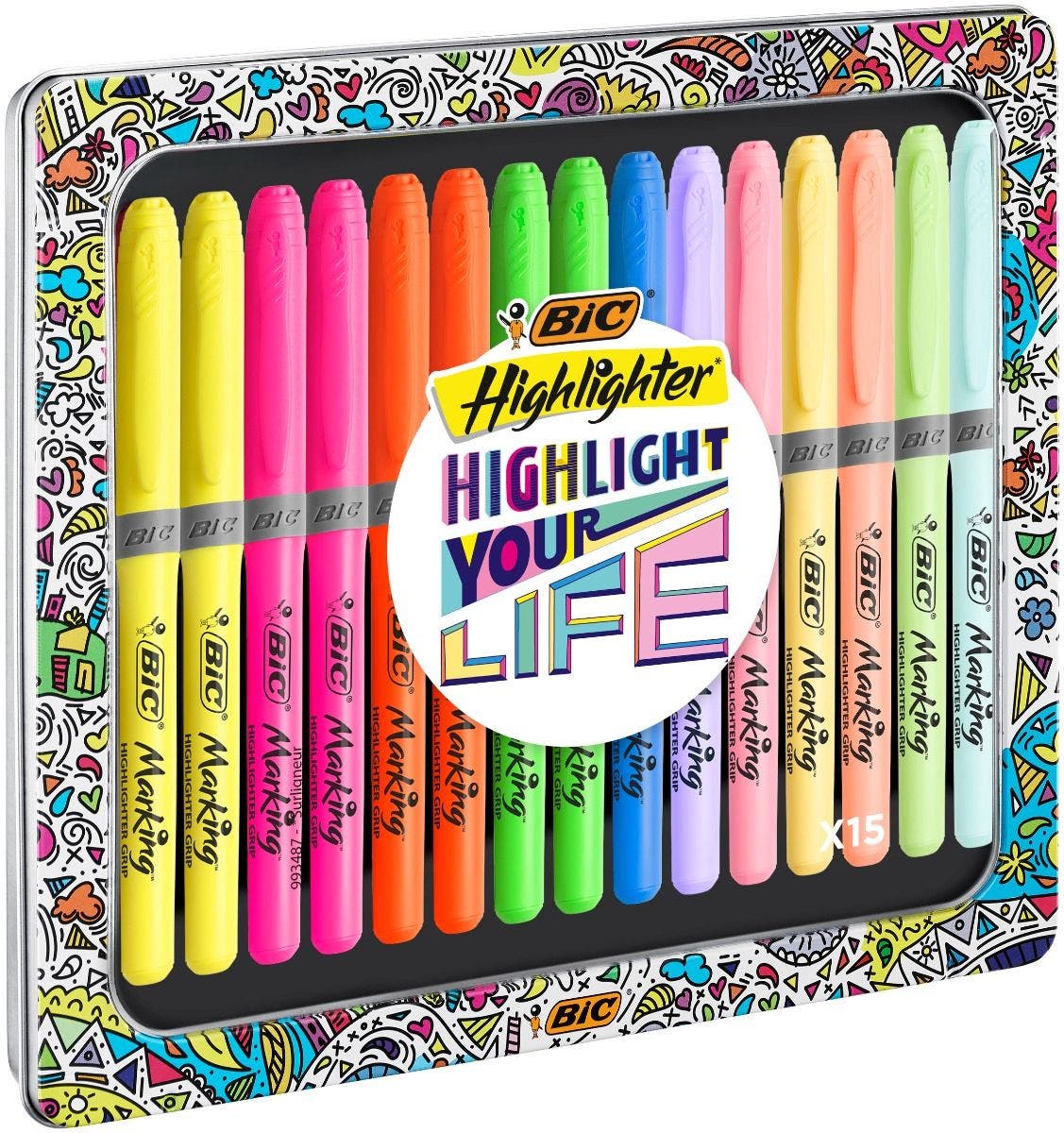 BIC Highlighter Grip Marker mit abgeschrägter Spitze verstellbar Farben in intensiven und Pastelltönen 12 Stück 