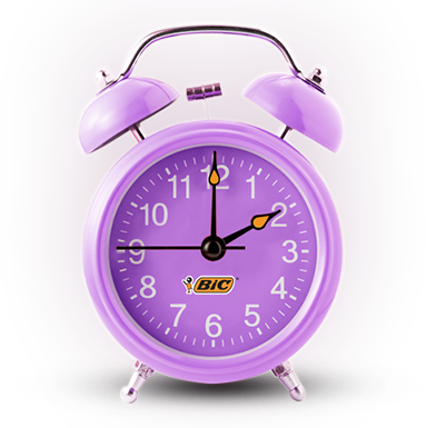 A purple clock with a Bic logo on it