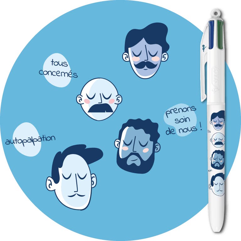 Motif et stylo N°2  de la Collection BIC 4 Couleurs Novembre Bleu - prévention et détection précoce du cancer de la prostate et des testicules