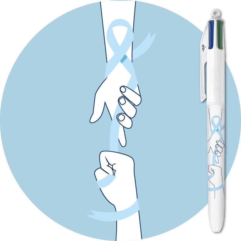 Motif et stylo N°5  de la Collection BIC 4 Couleurs Novembre Bleu - Mains et ruban - lutte contre les cancers de la prostate et des testicules
