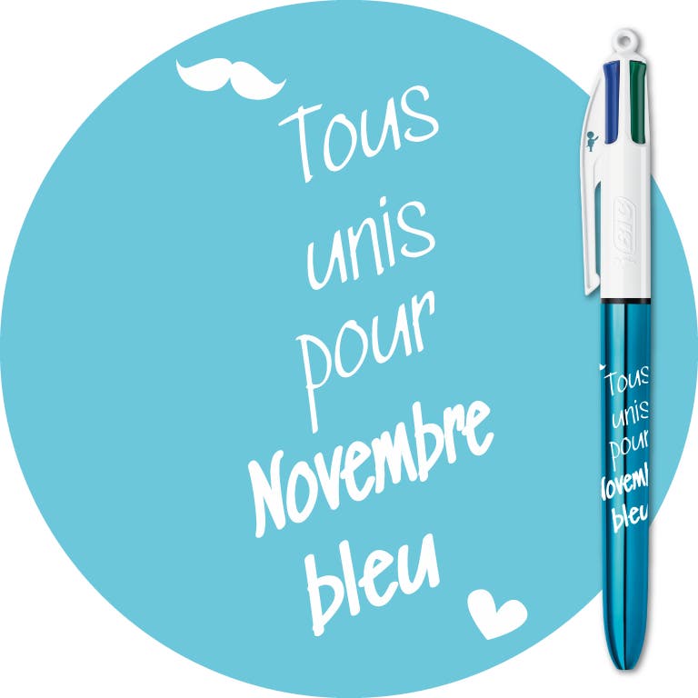 Motif et stylo N°3  de la Collection BIC 4 Couleurs Novembre Bleu - Tous unis pour Novembre Bleu - lutte contre les cancers de la prostate et des testicules