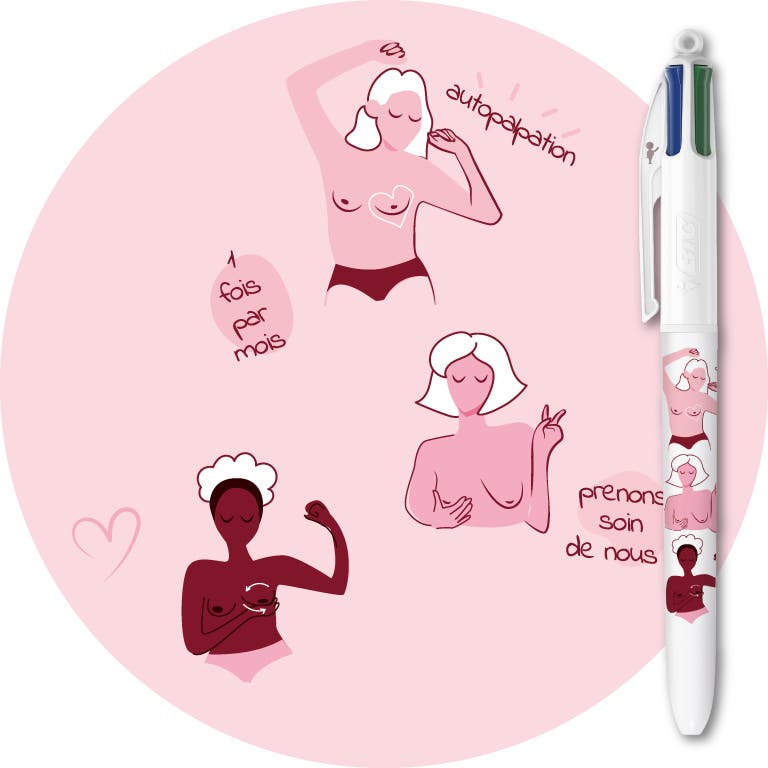 Motif et stylo N°2  de la Collection BIC 4 Couleurs Octobre Rose - prévention contre le cancer du sein