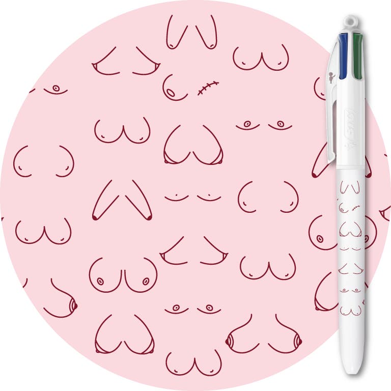 Motif et stylo N°4  de la Collection BIC 4 Couleurs Octobre Rose - lutte contre le cancer du sein