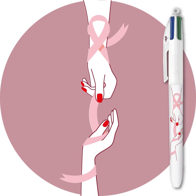Motif et stylo N°5  de la Collection BIC 4 Couleurs Octobre Rose - Mains et ruban- lutte contre le cancer du sein