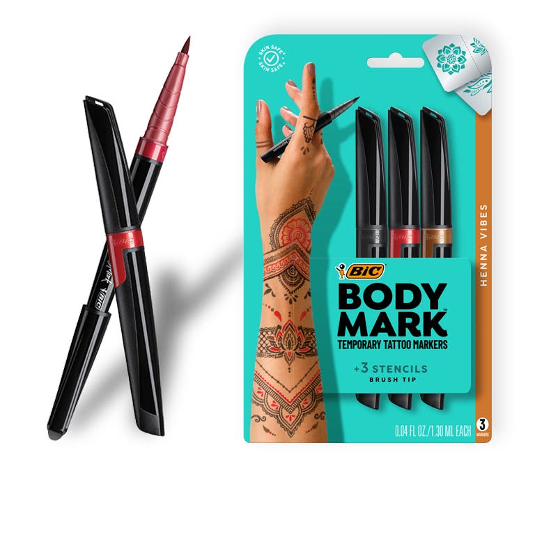 Henna Vibes Brush Tip Pack  Create beautiful designs inspired by henna tattoos with black, red, and brown body art markers. Includes 2 stencils for guided designs.