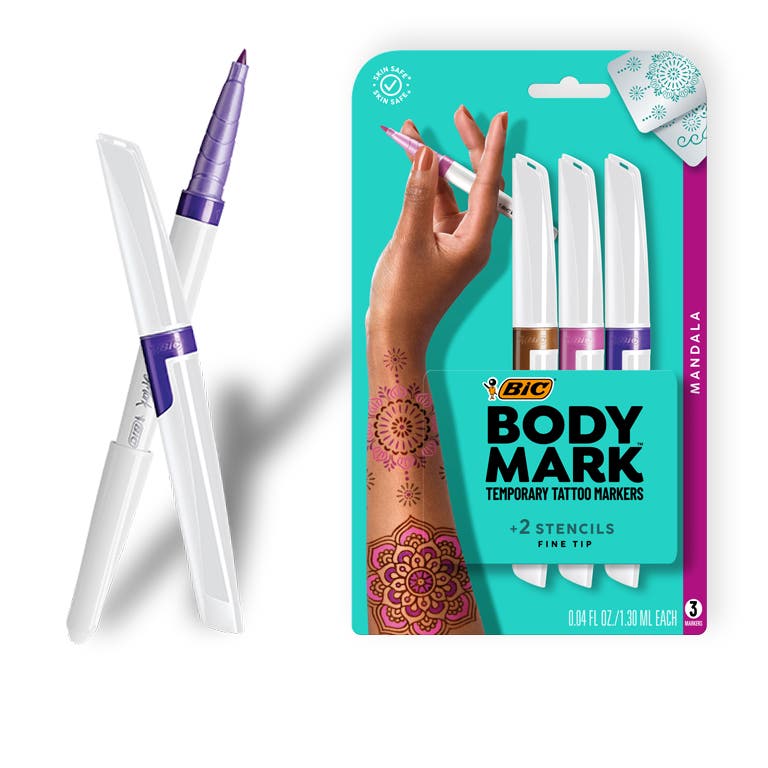 Mandala Fine Tip Pack  Create beautiful and detailed designs with purple, pink and brown body art markers. Includes 2 stencils for guided designs.