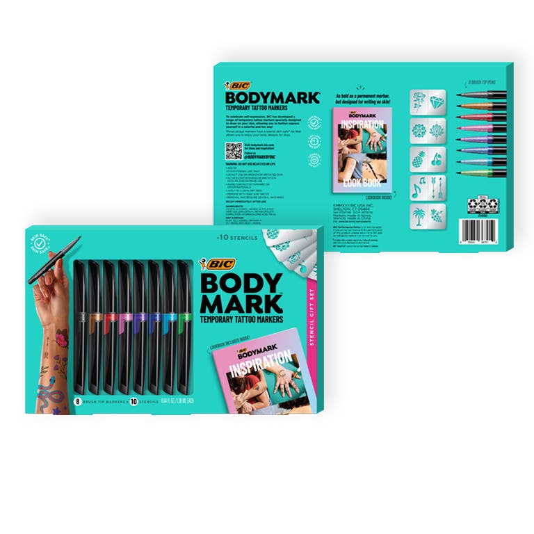 Stencil Gift Set  The BodyMark Stencil Gift Set was created to inspire and guide you in drawing fun designs for a variety of occasions. The kit includes 8 markers, 10 stencils, and a look book full of unique ideas to inspire your creativity.